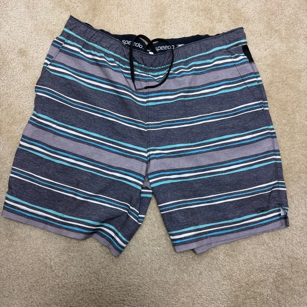 Speedo Men's Striped Swim Trunks Board Shorts Gray Blue Size Large